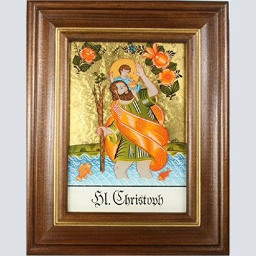 Hinterglaswerkstätten - Hinterglasbild / Patronatsbild Hl. Christoph mit braun