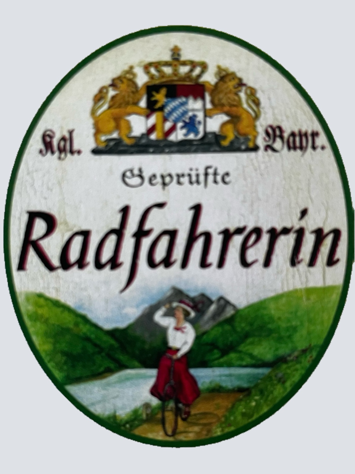 Nostalgie Holzschild Bayern Königlich Bayerische Geprüfte Radfahrerin Schild
