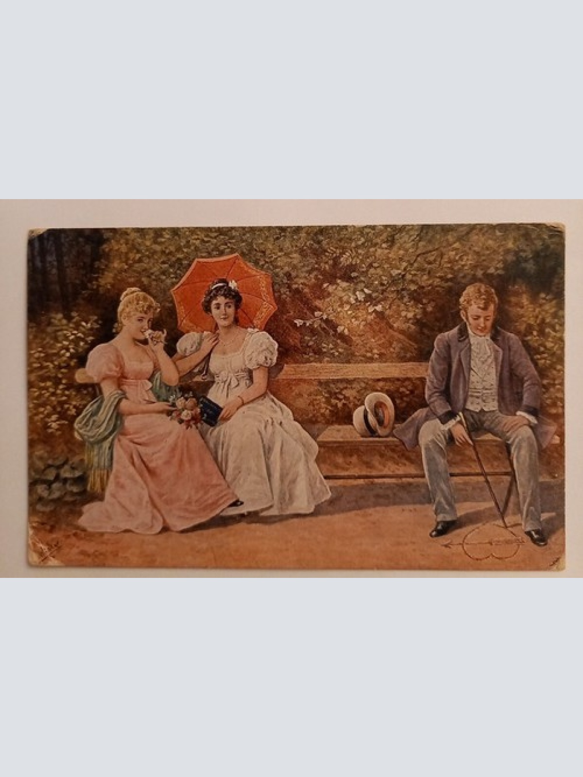 Damen mit Herrn auf einer Bank Sonnenschirm - Künstlerkarte 500110A gr D