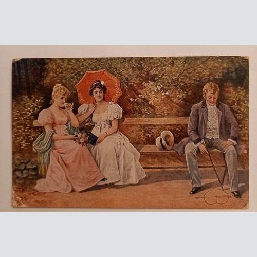 Damen mit Herrn auf einer Bank Sonnenschirm - Künstlerkarte 500110A gr D