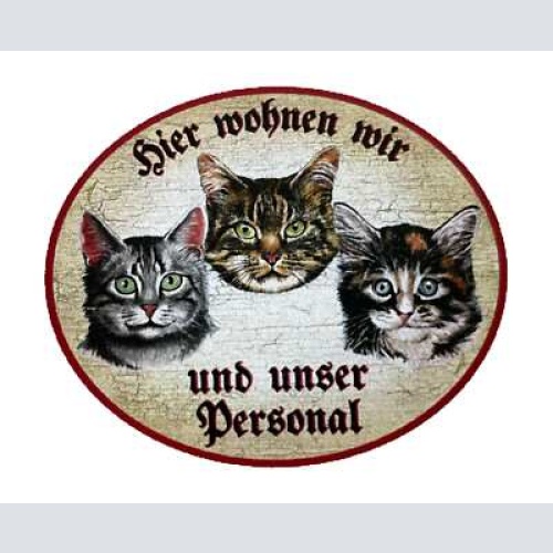 Kuk nostalgie holzschild "hier wohnen wir u.u. personal“ trio katze tabby junges