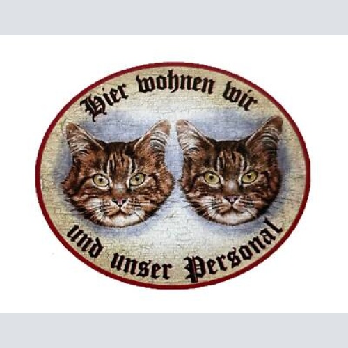 Kuk nostalgie holzschild "hier wohnen wir u.u.personal“ duo katze tabby getigert