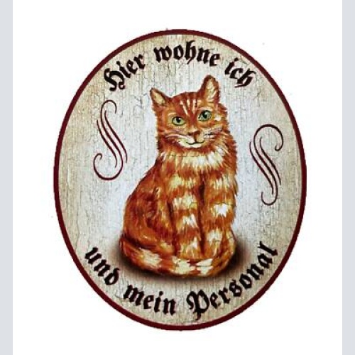 Kuk nostalgie holzschild "hier wohne ich und mein personal“ katze rot