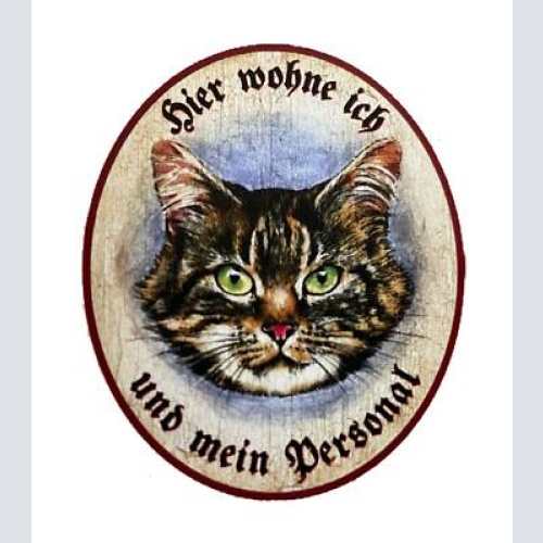 Kuk nostalgie holzschild "hier wohne ich und mein personal“ katze tabby getigert