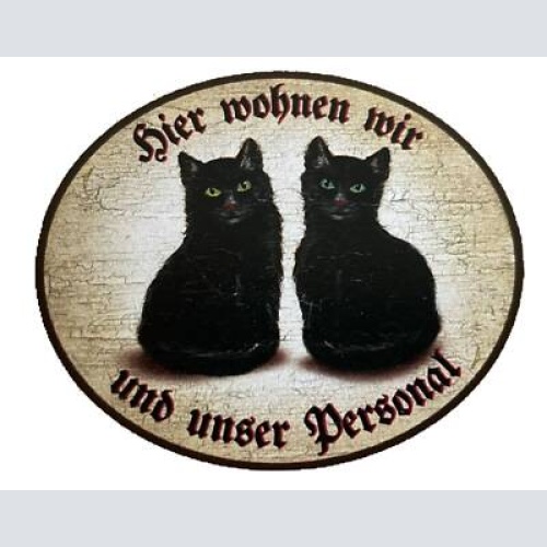 Kuk nostalgie holzschild "hier wohnen wir u.u. personal“ duo schwarze katze