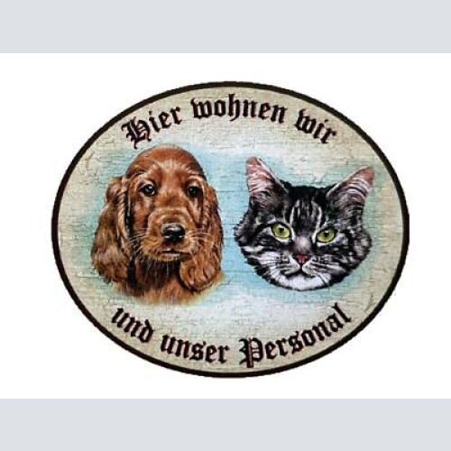 Kuk nostalgie holzschild "hier wohnen wir u.u. personal“  katze hund duo