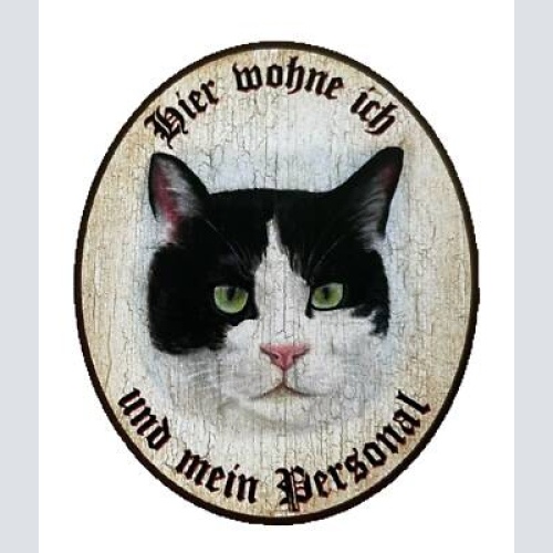 Kuk nostalgie holzschild "hier wohne ich und mein personal“  katze schwarzweiß