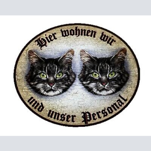 Kuk nostalgie holzschild "hier wohnen wir u.u. personal“ duo katze tabby