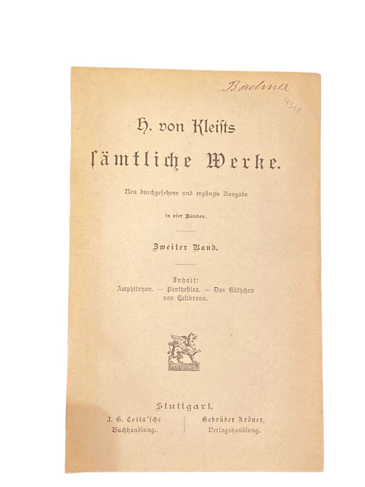 4318 H. VON KLEISTS SÄMTLICHE WERKE IN VIER BÄNDEN: ERSTER UND ZWEITER BAND
