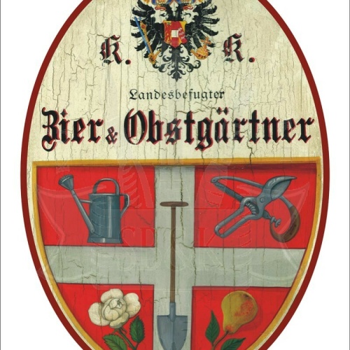 KuK Nostalgie Holzschild - Landesbefugter Zier & Obstgärtner - Wappen Blume TH