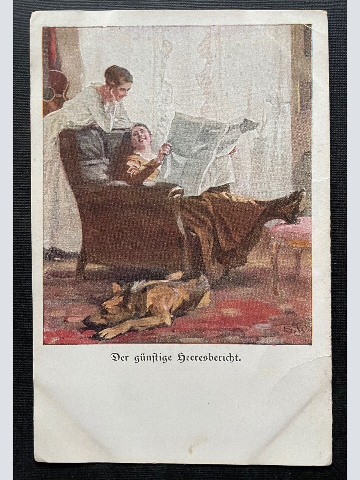 Der günstige Heeresbericht Zeitung Frauen Hund Sessel Militär Krieg 400445 TH D