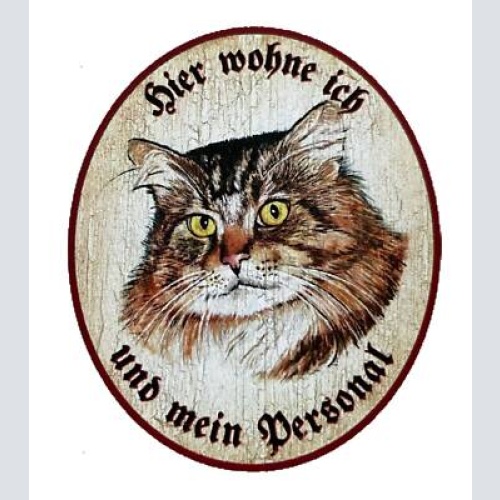 Kuk nostalgie holzschild "hier wohne ich und mein personal“ katze sibirisch