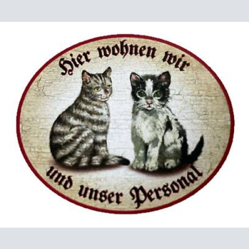 Kuk nostalgie holzschild “hier wohnen wir u.u. personal“ duo katze tabby baby sw