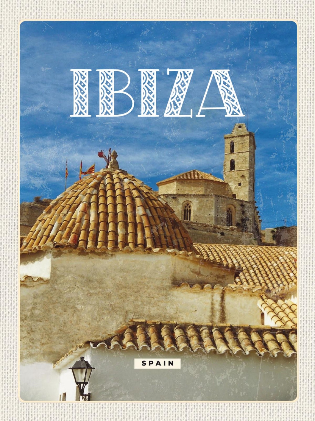 Schild Ibiza Spain Spanien Kathedrale Insel 12x18 20x30 30x40 Blech od. Holz