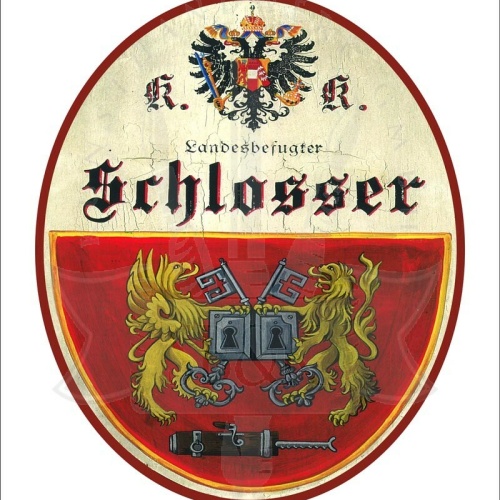 KuK Nostalgie Holzschild - Landesbefugter Schlosser - Wappen Schlüssel TH