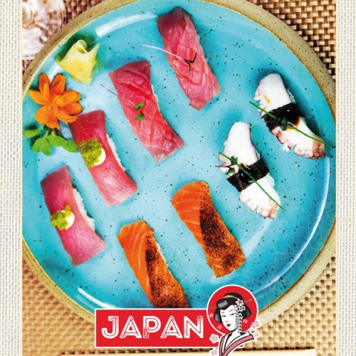 Schild Japan Sushi Fisch Gerichte Essen Spezialität 12x18 20x30 30x40 Blech/Holz