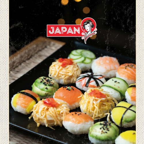 Schild Japan Sushi Fisch Platte Essen Spezialität 12x18 20x30 30x40 Blech/Holz