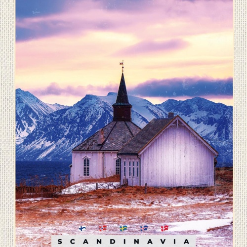 Schild Scandinavia Skandinavien Vågan Kirche NOR 12x18 20x30 30x40 Blech/Holz