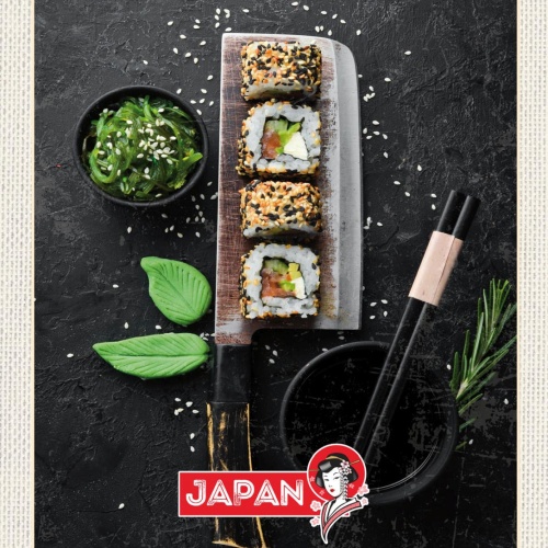 Schild Japan Sushi Fisch Stäbchen Essen Spezialität 12x18 20x30 30x40 Blech/Holz
