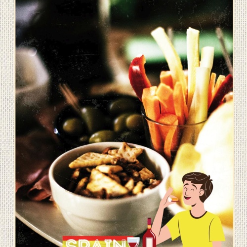 Schild Spain Spanien Snacks Cracker Pommes Essen 12x18 20x30 30x40 Blech/Holz