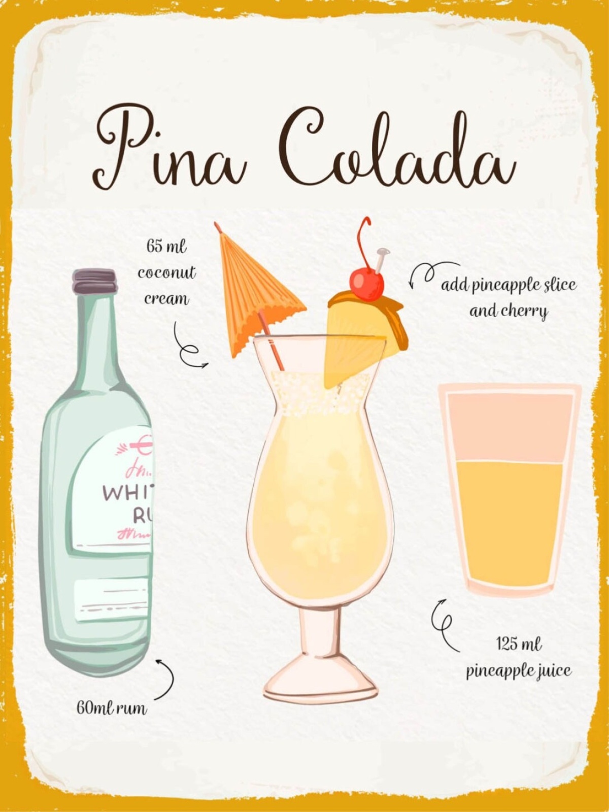 Schild Pina Colada Cocktail Rezept Bar Alkohol 12x18 20x30 30x40 Blech/Holz