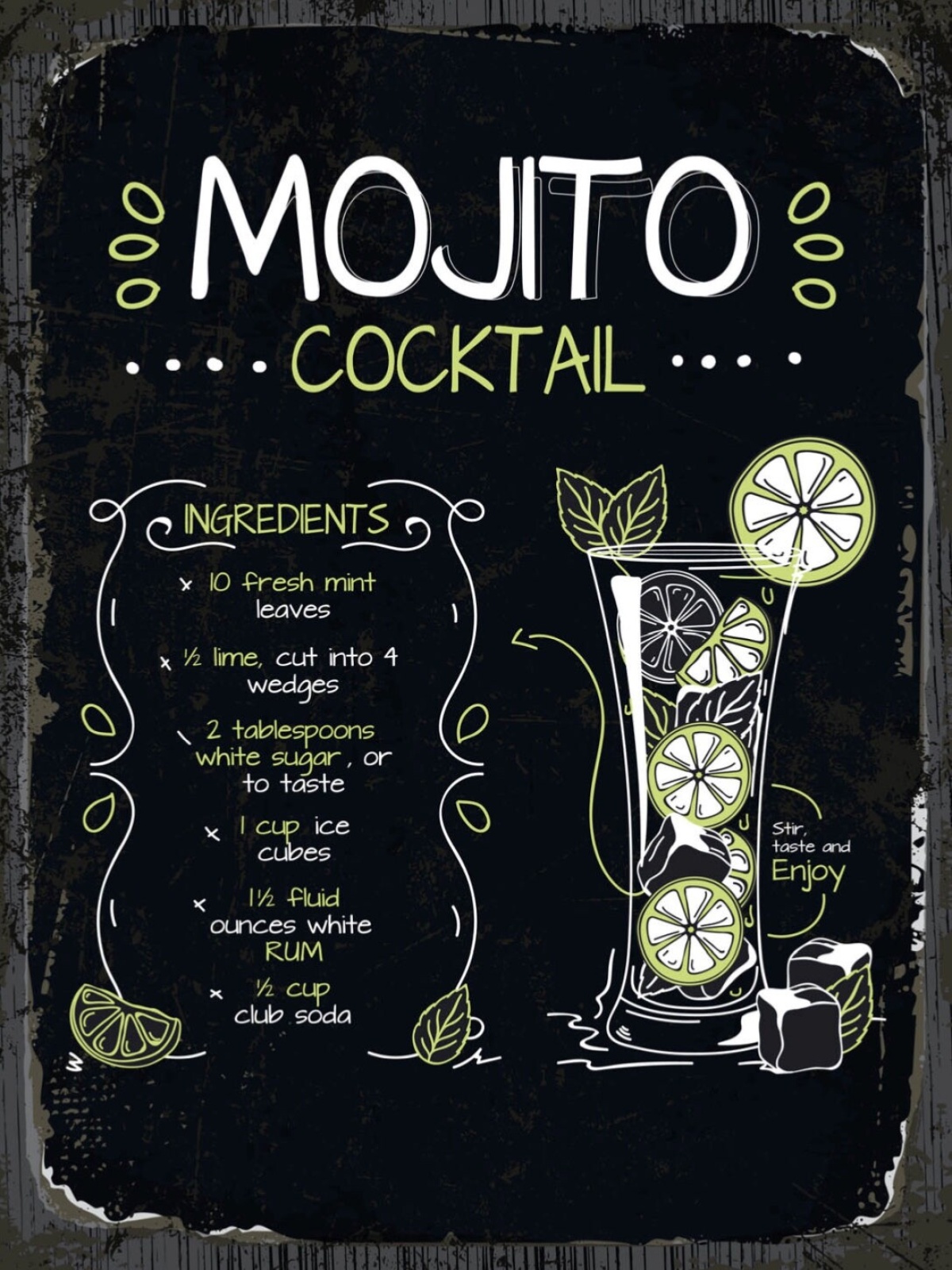 Schild Mojita Cocktail Rezept Bar Alkohol Drink 12x18 20x30 30x40 Blech/Holz