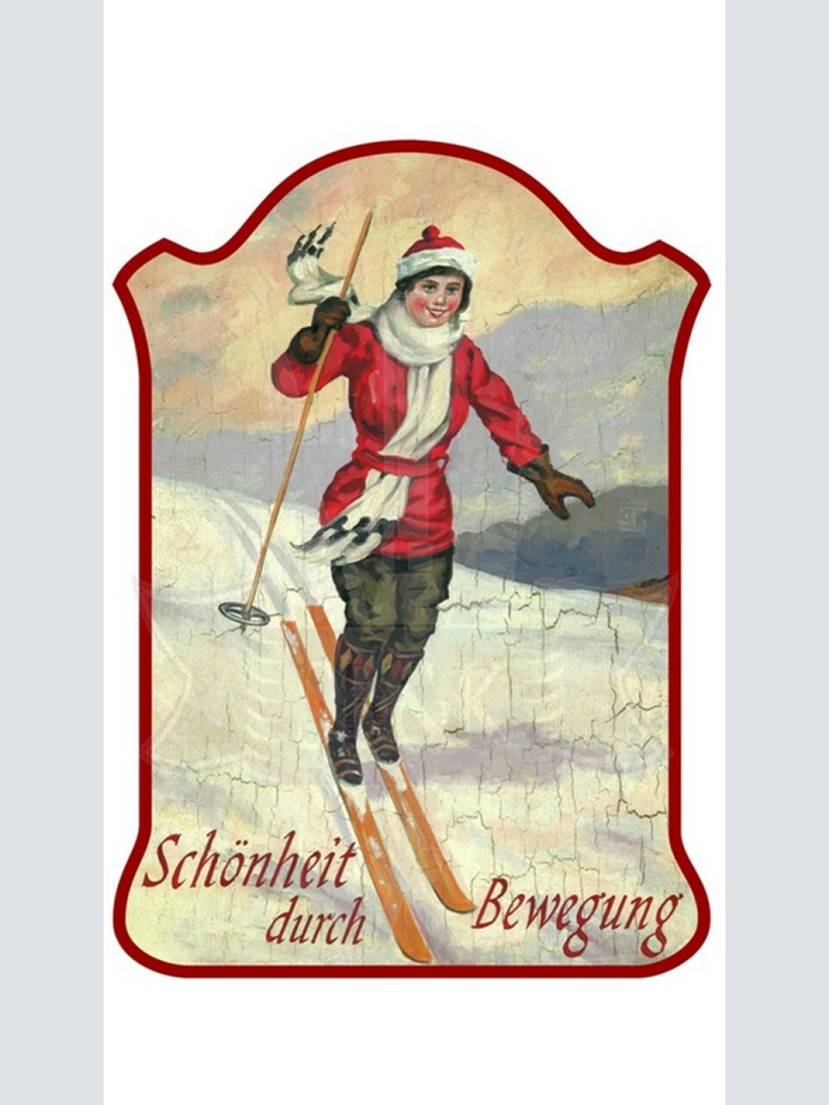 KuK Nostalgie Holzschild "Schönheit durch Bewegung- Skifahren"