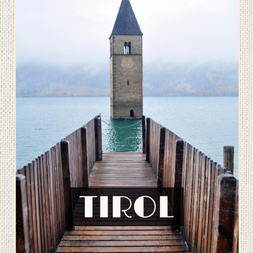 Schild Kirche Turm Reschensee Süd Tirol Italien 12x18 20x30 30x40 Blech/Holz