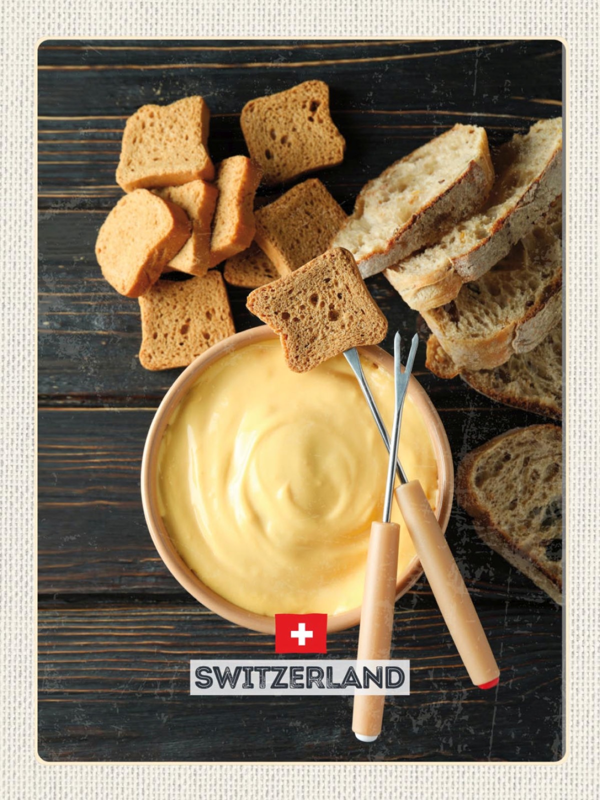 Schild Switzerland Schweiz Käse Fondue Brot 12x18 20x30 30x40 Blech/Holz