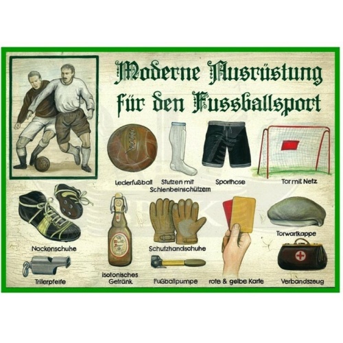 KuK Nostalgie Holzschild "Moderne Ausrüstung für den Fussballsport"