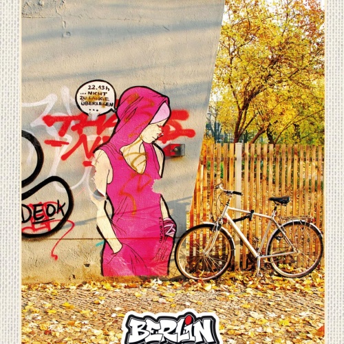 Schild Berlin Street Art Graffiti Frau Kapuze Rad D 12x18 20x30 30x40 Blech/Holz