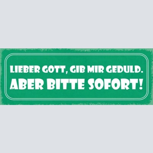 Schild lieber gott gib mir geduld aber bitte sofort wunsch 27x10 blech od.holz
