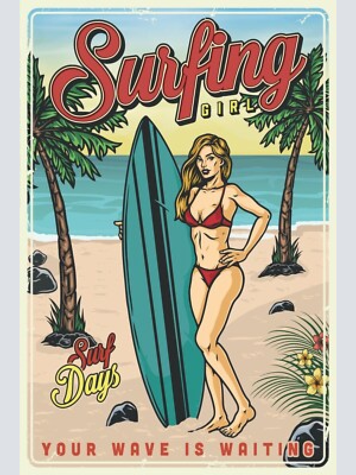 Nostalgie schild surfing girl surfbrett frau 12x18 / 20x30 / 30x40 blech od.holz