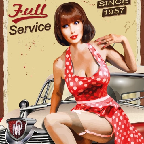 Nostalgie Schild Garage Full Service Frau 12x18 / 20x30 / 30x40 Blech od. Holz