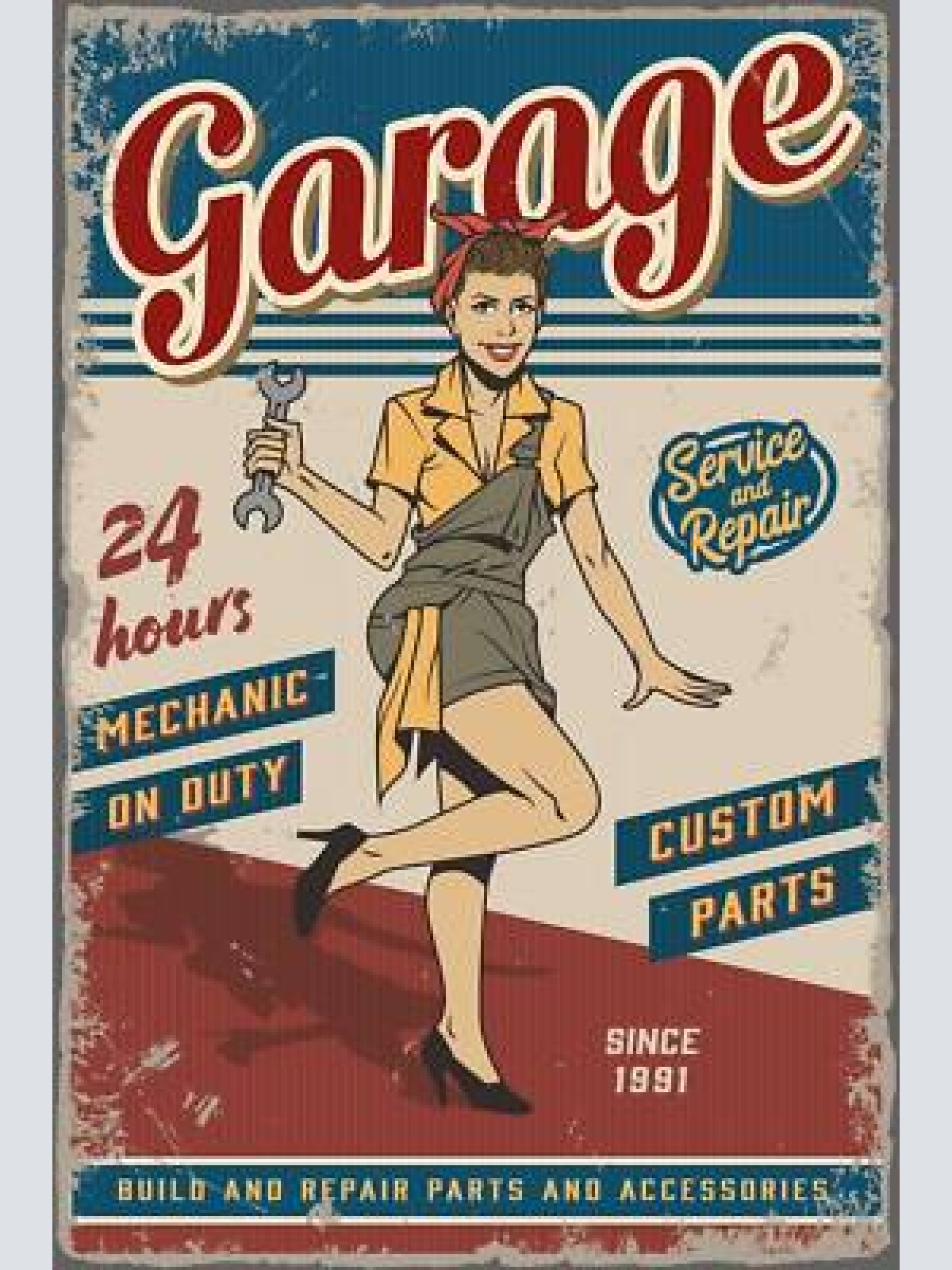 Nostalgie schild garage 24h mechanikerin 12x18 / 20x30 / 30x40 blech od. holz