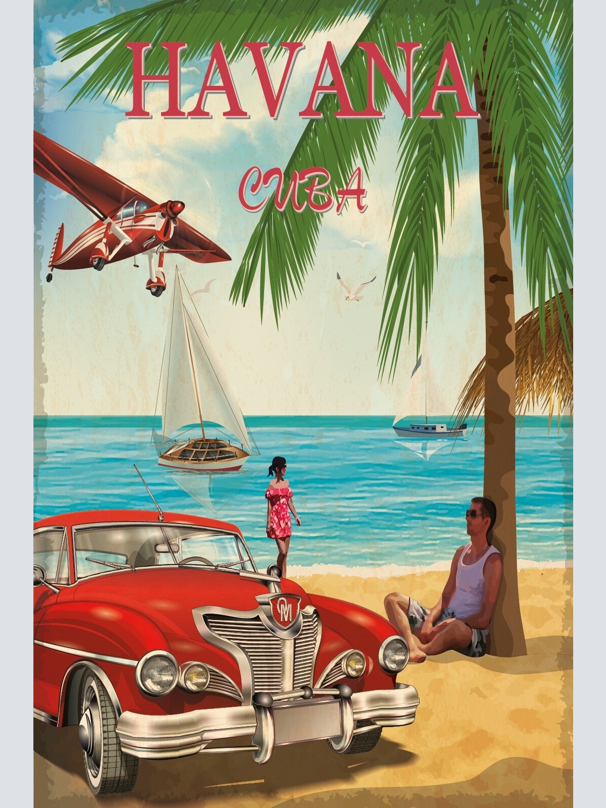 Nostalgie Schild Havana Cuba Auto Palme Boot 12x18 / 20x30 / 30x40 Blech od.Holz