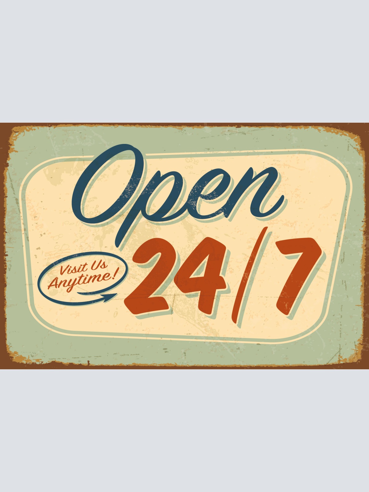 Nostalgie Schild Open 24/7 Geöffnet 12x18 / 20x30 / 30x40 Blech od. Holz