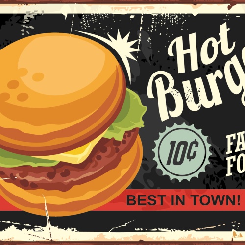 Nostalgie Schild Hot Burgers Fast Food 12x18 / 20x30 / 30x40 Blech od. Holz