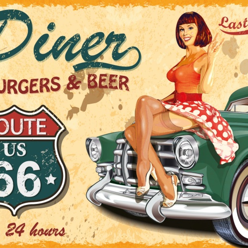 Nostalgie Schild Diner Burger Beer Frau Auto 12x18 / 20x30 / 30x40 Blech od.Holz