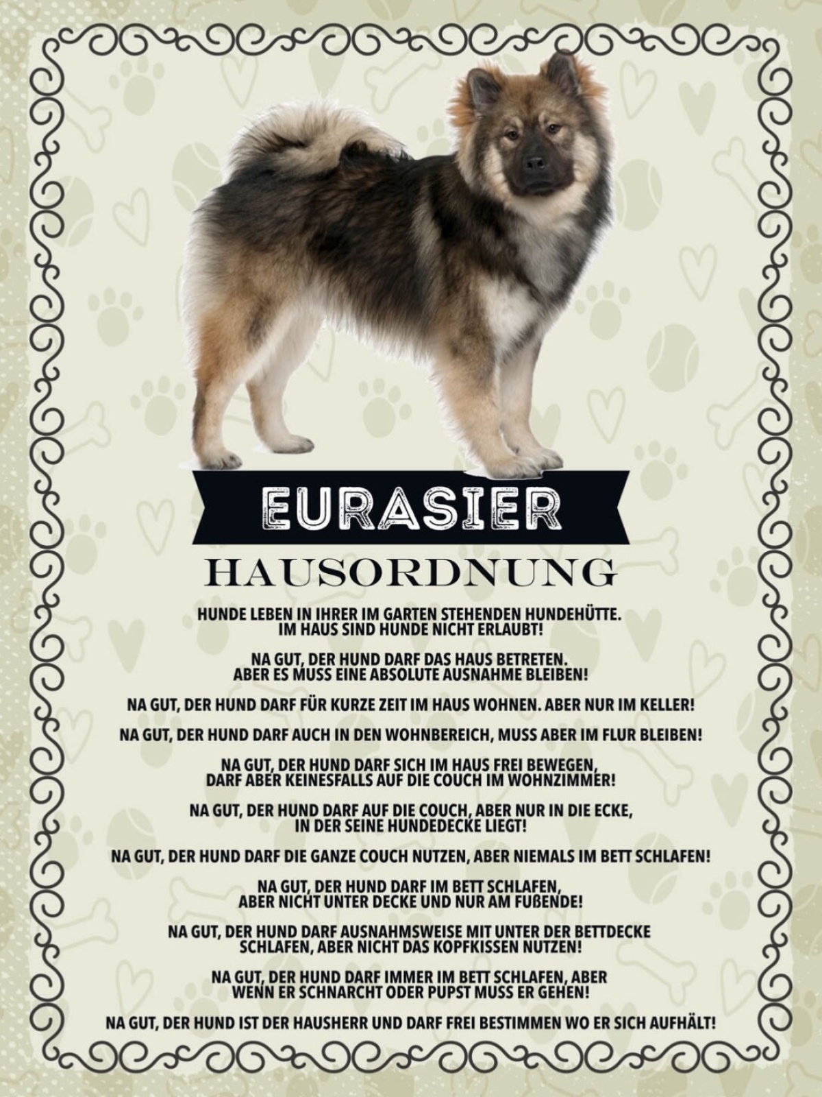Schild Eurasier Hausordnung Hund Tier Liebe Zuhause 12x18 20x30 30x40 Blech/Holz