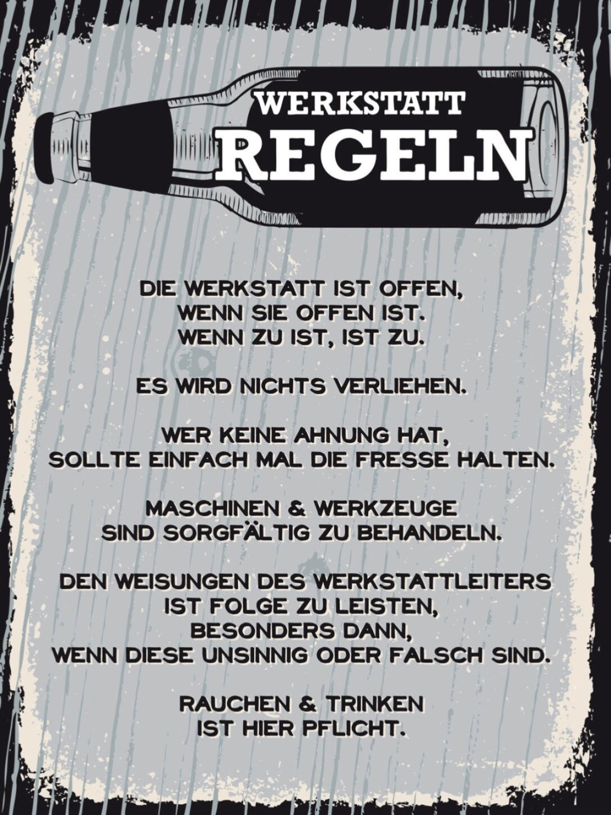 Schild Werkstatt Regeln Werkzeuge Maschinen Leiter 12x18 20x30 30x40 Blech/Holz