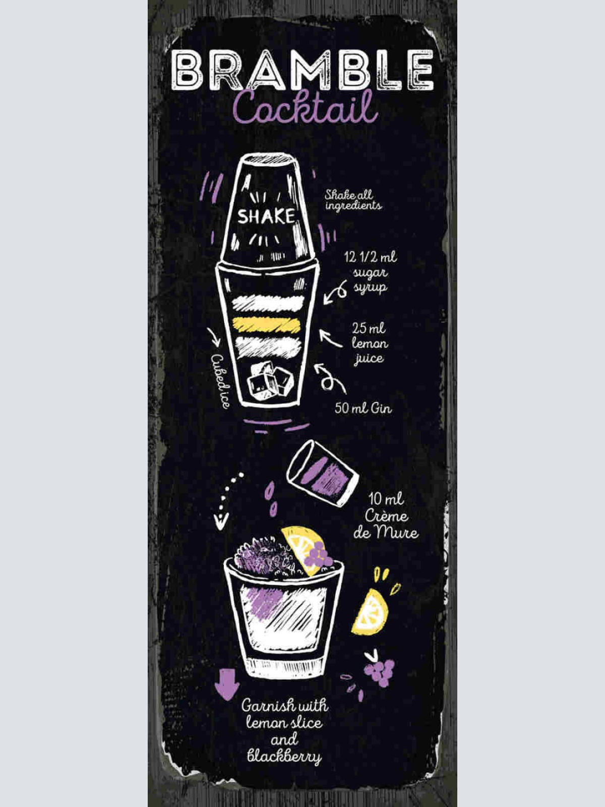 Schild Bramble Cocktail Rezept Bar Alkohol Shake Drink 27x10 Blech od.Holz