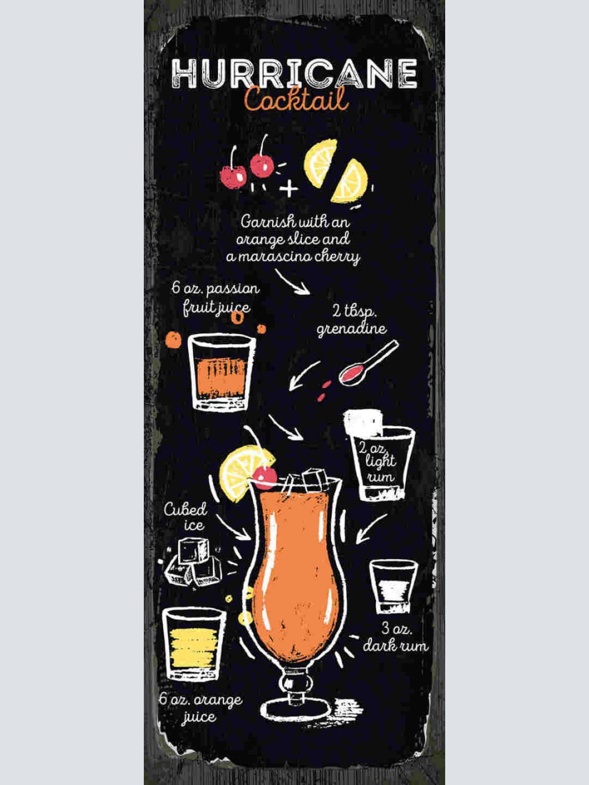 Schild Hurricane Cocktail Rezept Bar Alkohol Drink Glas 27x10 Blech od.Holz