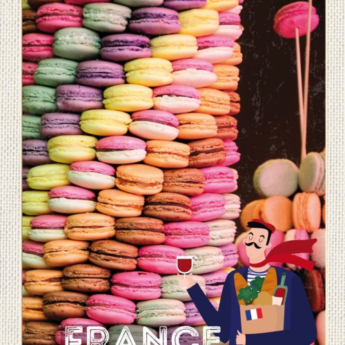 Schild France Frankreich Macarons Gebäck Süßigkeit 12x18 20x30 30x40 Blech/Holz