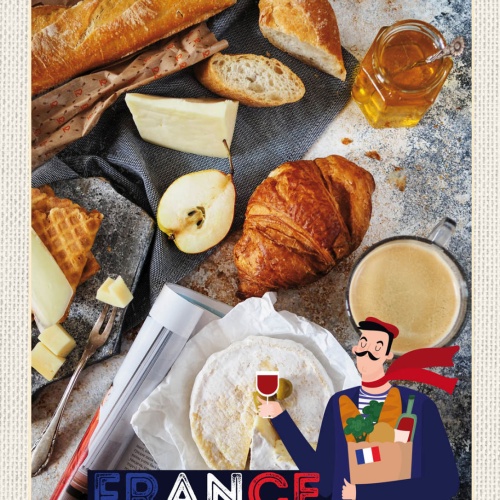 Schild France Frankreich Käse Croissant Baguette 12x18 20x30 30x40 Blech/Holz