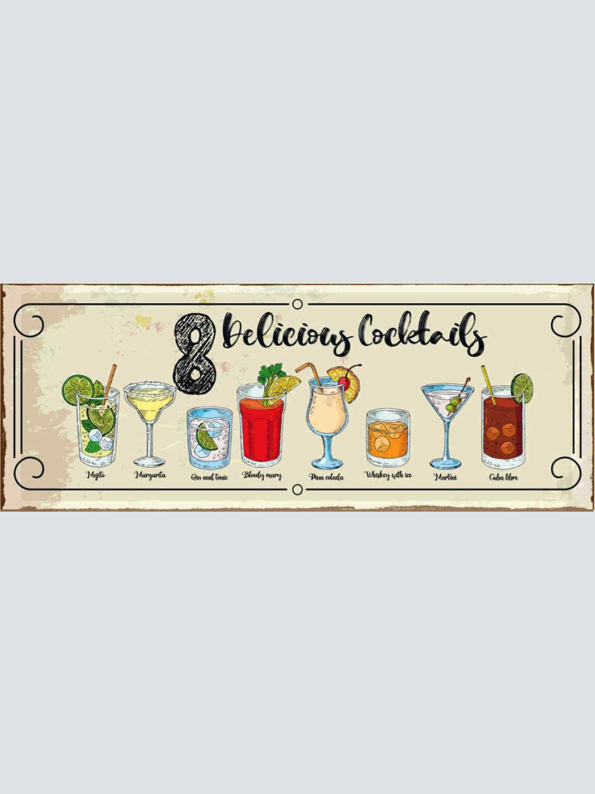 Schild 8 Delicious Cocktails Mojito Gin & Tonic Bar Drinks 27x10 Blech od.Holz