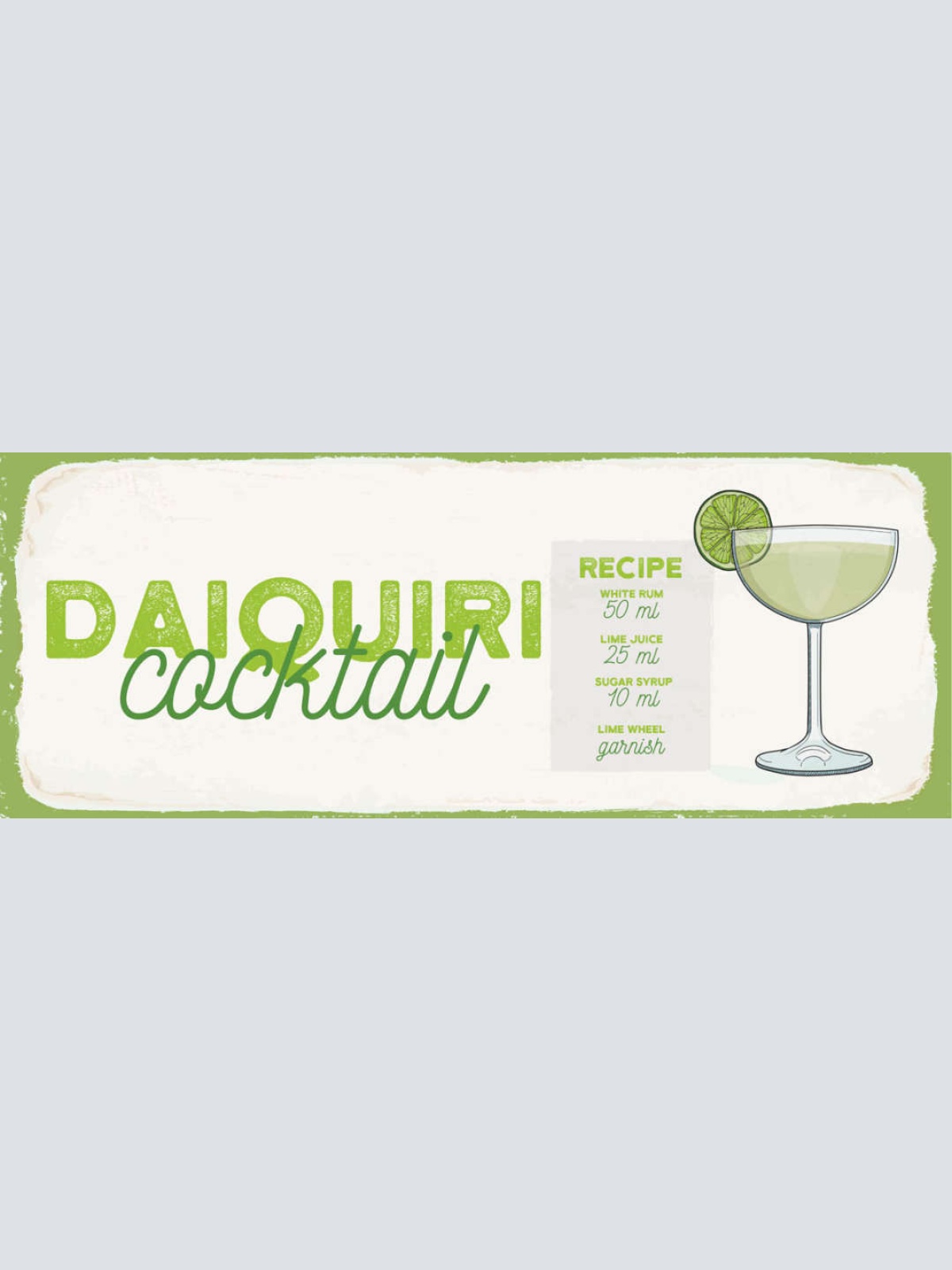 Schild Daiquiri Cocktail Rezept Bar Alkohol Drink Weißer Rum 27x10 Blech od.Holz