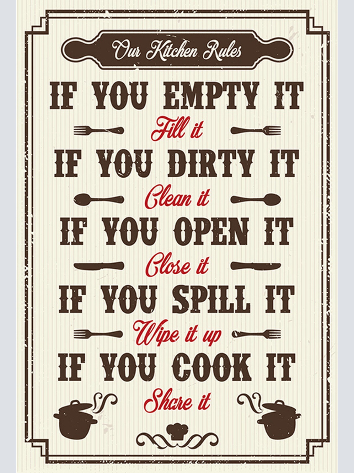 Schild Spruch Our Kitchen Rules Unsere Küche ist toll Essen JW