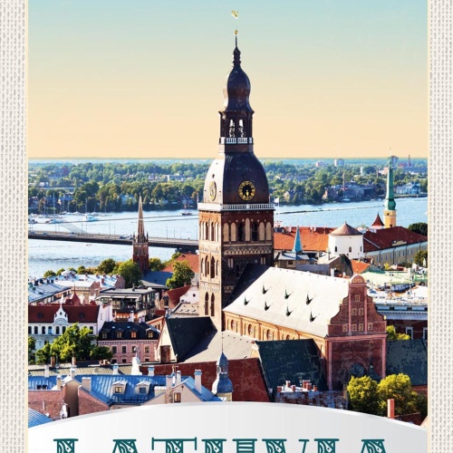 Schild Spruch Lathvia Lettland Kirche Fluss Brücke Stadt JW
