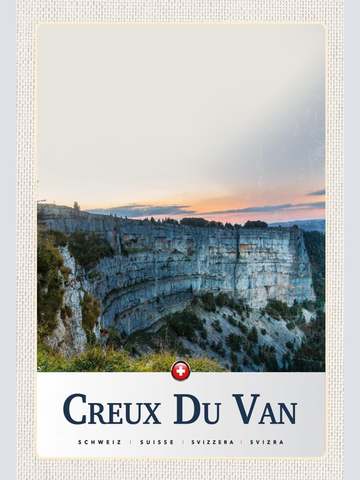 Schild Spruch Creux du Van Switzerland Schweiz Berg Felswand JW